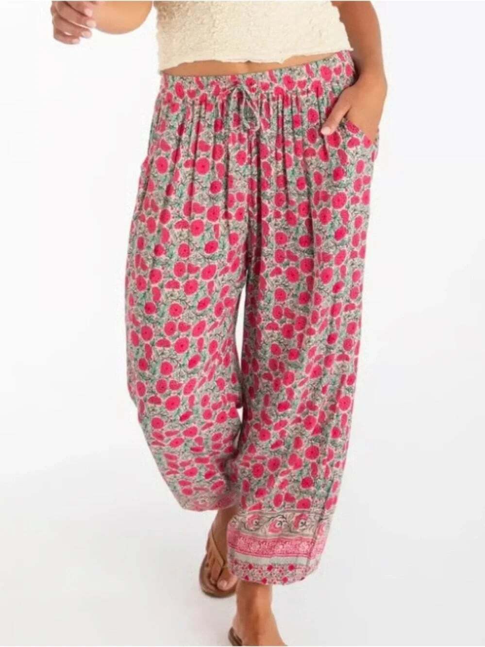 Natural Life Allison Pants Size Small Pink Puff Floral Boho Jogger Balloon